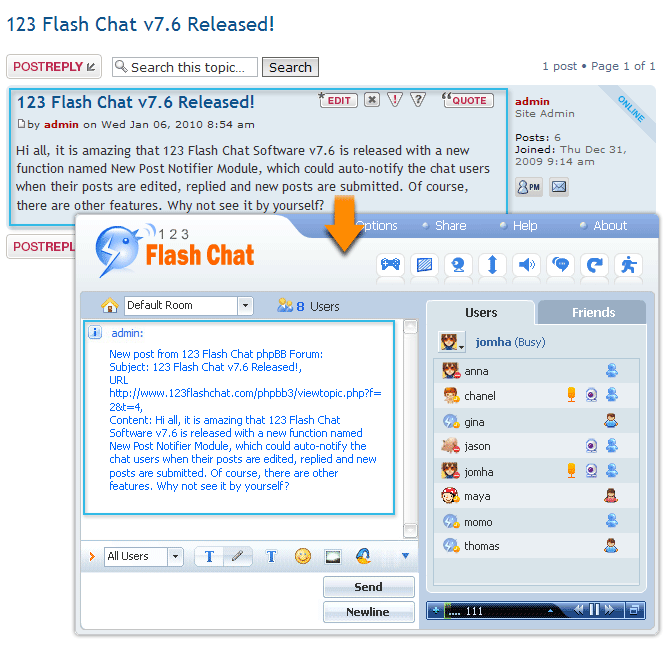In chat room of 123 Flash Chat, online chat users get instant alert from phpBB forum for the Free phpBB Post Notifier Module for 123 Flash Chat Software. In chat room of 123 Flash Chat, online chat users get instant alert from phpBB forum for the Free phpBB Post Notifier Module for 123 Flash Chat Software.