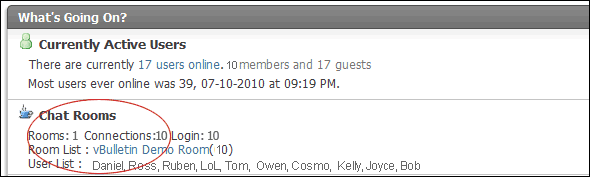 After add the above codes, the vBulletin chat module will dynamically show the following information on the web pages show the following information on the web pages