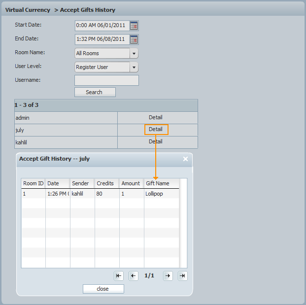 Details of a User's Accept Gifts History of 123 Flash Chat, Chat Software Details of a User's Accept Gifts History of 123 Flash Chat, Chat Software
