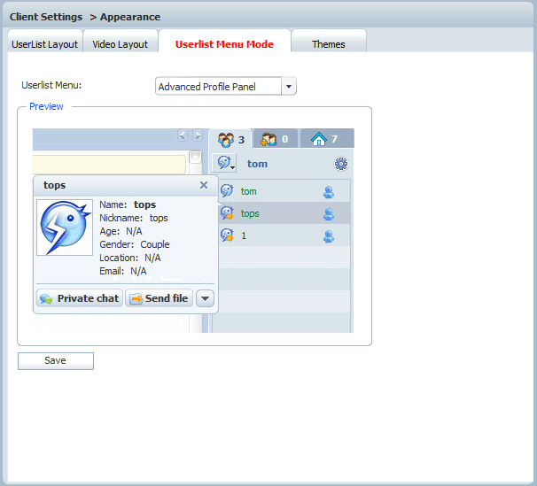 Userlist Menu Mode Settings in Admin Panel of 123 Flash Chat, Chat Software Userlist Menu Mode Settings in Admin Panel of 123 Flash Chat, Chat Software