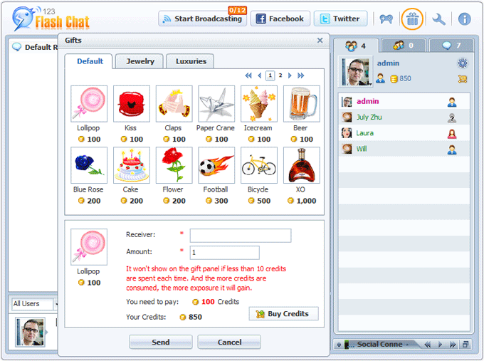 Gift Panel in Chat Lobby 123 Flash Chat, Chat Software Gift Panel in Chat Lobby 123 Flash Chat, Chat Software