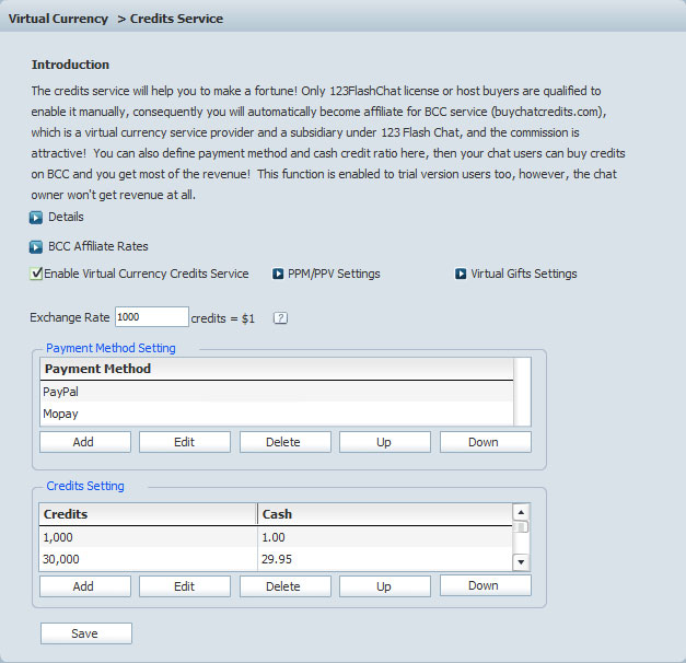 Credits Service Settings in Admin Panel of 123 Flash Chat, Chat Software Credits Service Settings in Admin Panel of 123 Flash Chat, Chat Software