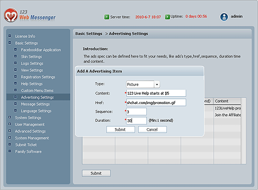 Ads on Instant Messaging Chat Clients be set in admin panel, Web Messenger, Facebook Chat